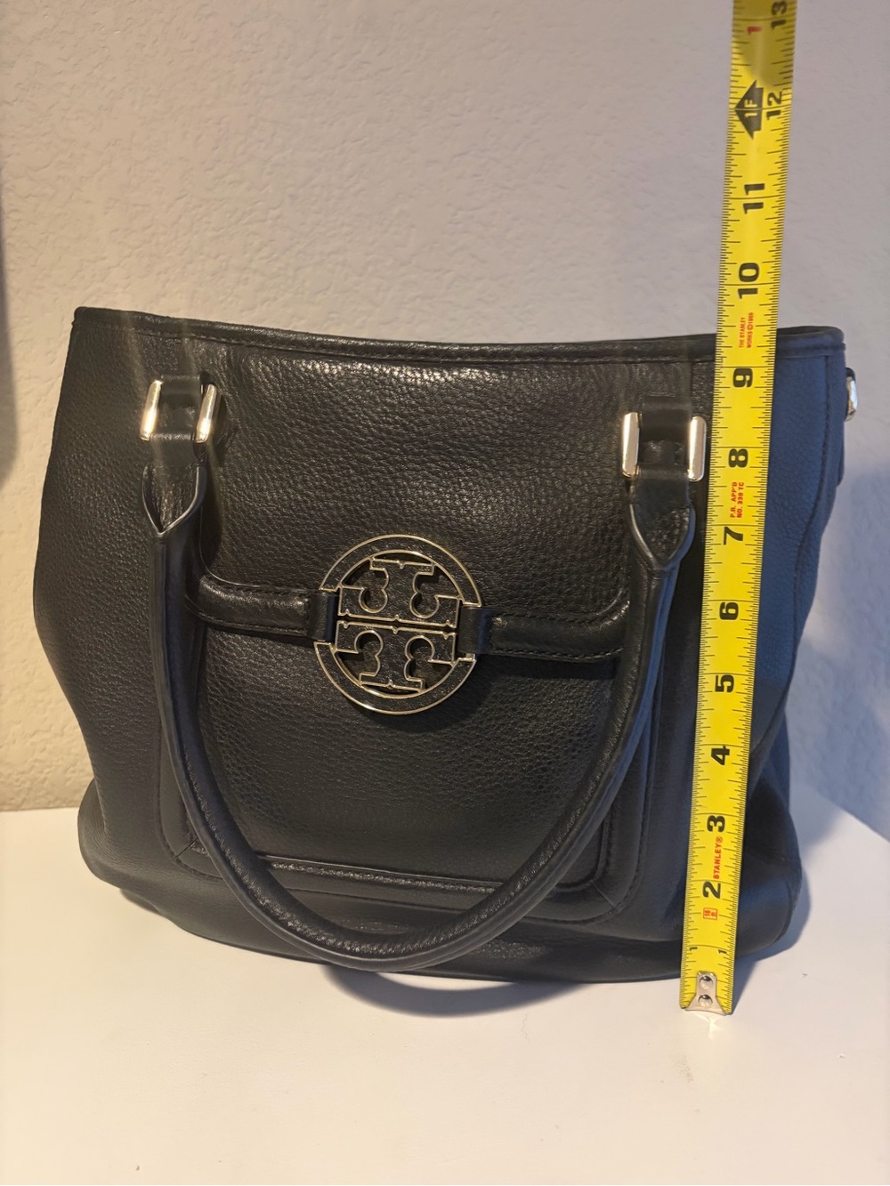 Tory Burch Black Pebbled Leather Tote with Logo Medallion